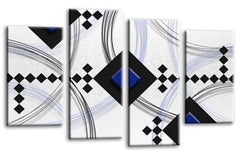 LR Blue Abstract Wall Art Picture Black White Stripes Checks Framed Split Panel Print Ready to Hang