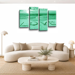 LR Love Beach Wall Art Picture – Grey & Green Sunset Seascape Framed 4 Panel Split Canvas Print | Ready to Hang | Modern Wall Art for Living Room, Bedroom & Office