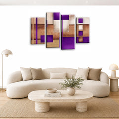 LR Abstract Wall Art Picture – Purple & Cream Modern Framed 4 Panel Split Canvas Print | Ready to Hang | Modern Wall Art for Living Room, Bedroom & Office