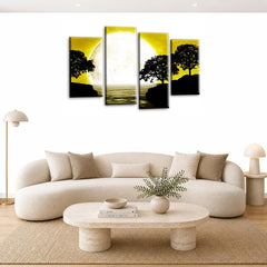 LR Landscape Wall Art Picture – Black, White & Mustard Floral Framed 4 Panel Split Canvas Print | Ready to Hang | Modern Wall Art for Living Room, Bedroom & Office