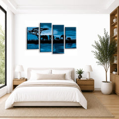 LR Elephant Sunset Wall Art Picture – Grey, Blue & Brown African Framed 4 Panel Split Canvas Print | Ready to Hang | Modern Wall Art for Living Room, Bedroom & Office