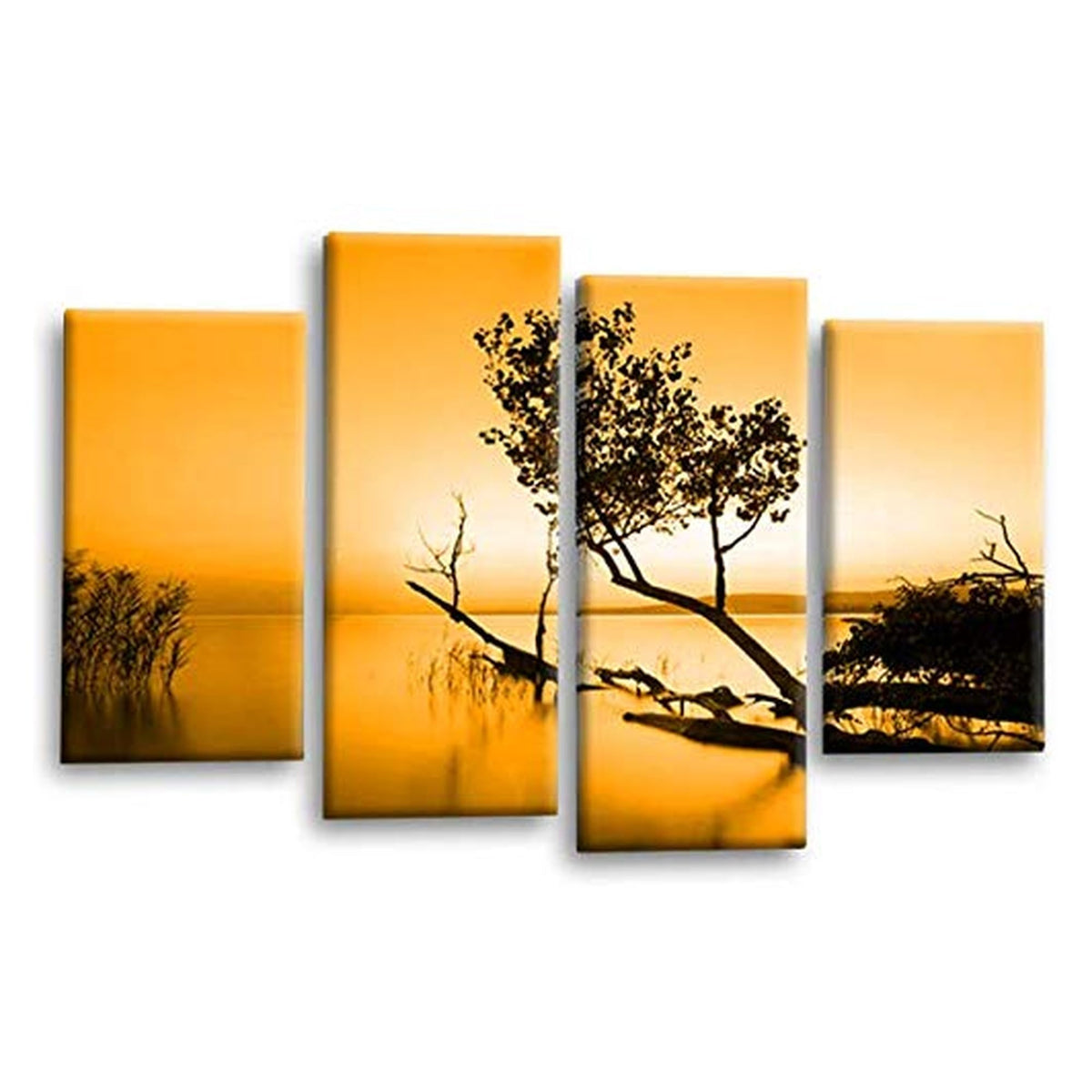 LR Sunset Landscape Lake Wall Art Picture – Brown & Orange Floral Framed 4 Panel Split Canvas Print | Ready to Hang | Modern Wall Art for Living Room, Bedroom & Office