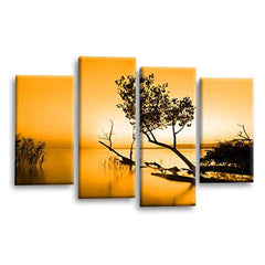 LR Sunset Landscape Lake Wall Art Picture – Brown & Orange Floral Framed 4 Panel Split Canvas Print | Ready to Hang | Modern Wall Art for Living Room, Bedroom & Office