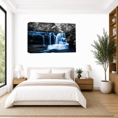 LR Blue Waterfall Wall Art Picture – Grey & White Forest Framed Canvas Print | Ready to Hang | Modern Wall Art for Living Room, Bedroom & Office