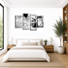 LR Banksy Heart Wall Art Picture – Grey & Black Graffiti Art Framed 4 Panel Split Canvas Print | Ready to Hang | Modern Wall Art for Living Room, Bedroom & Office
