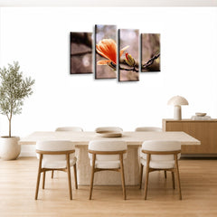 LR Floral Rose Wall Art Picture – Grey & Orange Framed 4 Panel Split Canvas Print | Ready to Hang | Modern Wall Art for Living Room, Bedroom & Office