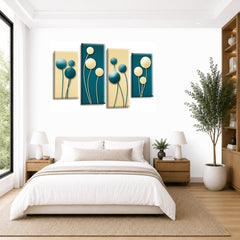 LR Floral Rose Wall Art Picture – Teal & Cream Framed 4 Panel Split Canvas Print | Ready to Hang | Modern Wall Art for Living Room, Bedroom & Office