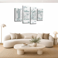 LR Family Love Quote Wall Art Picture – White & Duck Egg Framed 4 Panel Split Canvas Print | Ready to Hang | Modern Wall Art for Living Room, Bedroom & Office