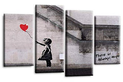 LR Banksy Heart Art Print Red Grey Balloon Girl Framed Canvas Split Wall Picture Ready to Hang