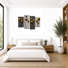 LR Gold Floral Rose Wall Art Picture – Grey Framed 4 Panel Split Canvas Print | Ready to Hang | Modern Wall Art for Living Room, Bedroom & Office