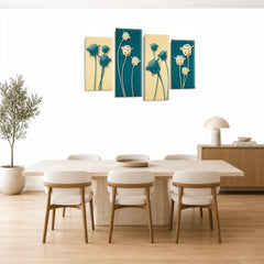 LR Floral Rose Wall Art Picture – Teal & Cream Framed 4 Panel Split Canvas Print | Ready to Hang | Modern Wall Art for Living Room, Bedroom & Office