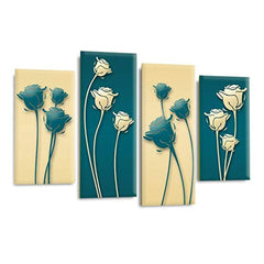 LR Floral Rose Wall Art Picture – Teal & Cream Framed 4 Panel Split Canvas Print | Ready to Hang | Modern Wall Art for Living Room, Bedroom & Office