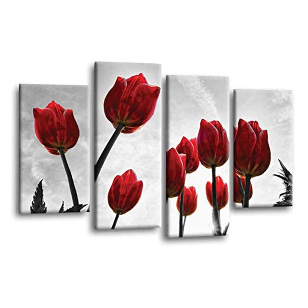 LR Floral Rose Tulip Wall Art Picture – Grey & Red Framed 4 Panel Split Canvas Print | Ready to Hang | Modern Wall Art for Living Room, Bedroom & Office