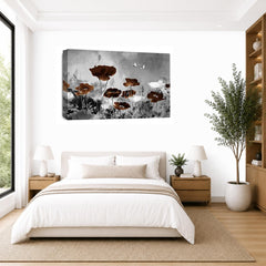 LR Floral Wall Art Picture – Brown & White Poppy Framed Canvas Print | Ready to Hang | Modern Wall Art for Living Room, Bedroom & Office