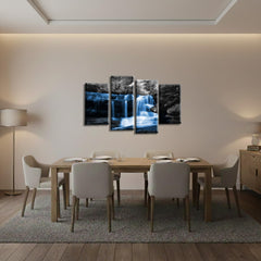 LR Blue Waterfall Wall Art Picture – Black & White Forest Framed 4 Panel Split Canvas Print | Ready to Hang | Modern Wall Art for Living Room, Bedroom & Office