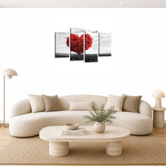 LR Floral Love Heart Wall Art Picture – Grey & Red Tree Framed 4 Panel Split Canvas Print | Ready to Hang | Modern Wall Art for Living Room, Bedroom & Office