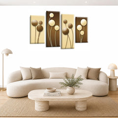 LR Floral Rose Wall Art Picture – Cream & Brown Framed 4 Panel Split Canvas Print | Ready to Hang | Modern Wall Art for Living Room, Bedroom & Office