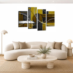 LR Abstract Wall Art Picture – Grey, White & Mustard Modern Framed 4 Panel Split Canvas Print | Ready to Hang | Modern Wall Art for Living Room, Bedroom & Office