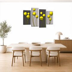 LR Yellow Floral Rose Wall Art Picture – Grey Framed 4 Panel Split Canvas Print | Ready to Hang | Modern Wall Art for Living Room, Bedroom & Office