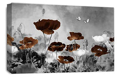 LR Floral Wall Art Print Brown White Chinese Poppy Flower Love Canvas Picture Framed Ready to Hang