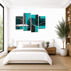 LR Abstract Wall Art Picture – Grey, Teal & White Modern Framed 4 Panel Split Canvas Print | Ready to Hang | Modern Wall Art for Living Room, Bedroom & Office