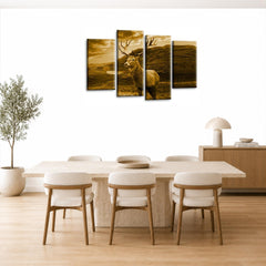 LR Highland Scottish Stag Wall Art Picture – Cream & Brown Framed 4 Panel Split Canvas Print | Ready to Hang | Modern Wall Art for Living Room, Bedroom & Office