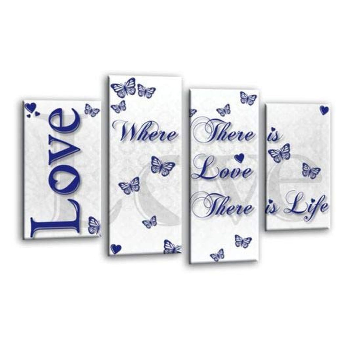 LR Love Wall Art Picture – Blue & White Quote Framed 4 Panel Split Canvas Print | Ready to Hang | Modern Wall Art for Living Room, Bedroom & Office