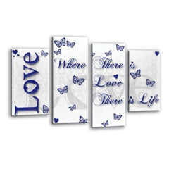 LR Love Wall Art Picture – Blue & White Quote Framed 4 Panel Split Canvas Print | Ready to Hang | Modern Wall Art for Living Room, Bedroom & Office