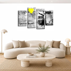 LR Banksy Wall Art Picture – Grey & Yellow Graffiti Art Framed 4 Panel Split Canvas Print | Ready to Hang | Modern Wall Art for Living Room, Bedroom & Office