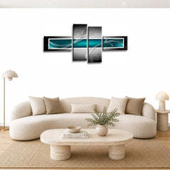 LR Teal Grey Abstract Wall Art Picture – Black Modern Framed 4 Panel Split Canvas Print | Ready to Hang | Modern Wall Art for Living Room, Bedroom & Office