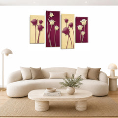 LR Floral Wall Art Picture – Purple & Cream Framed 4 Panel Split Canvas Print | Ready to Hang | Modern Wall Art for Living Room, Bedroom & Office