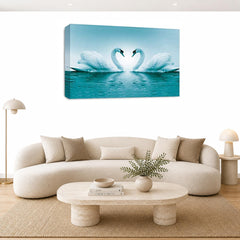 LR Love Heart Swans Wall Art Picture – Teal & White Framed Canvas Print | Ready to Hang | Modern Wall Art for Living Room, Bedroom & Office
