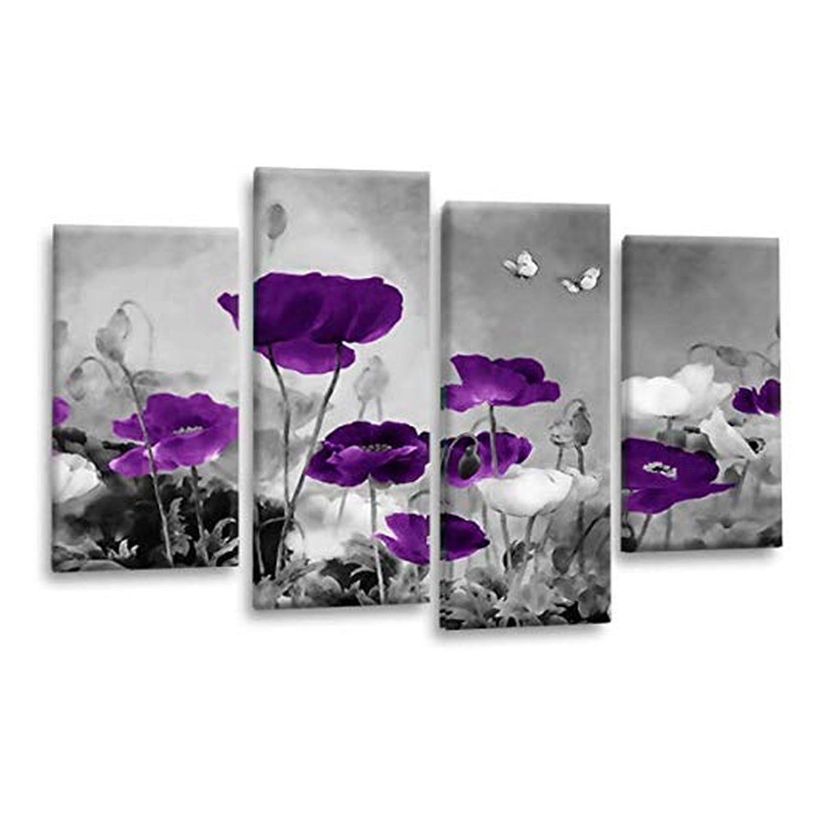 LR Floral Wall Art Picture – Purple & Grey Poppy Framed 4 Panel Split Canvas Print | Ready to Hang | Modern Wall Art for Living Room, Bedroom & Office