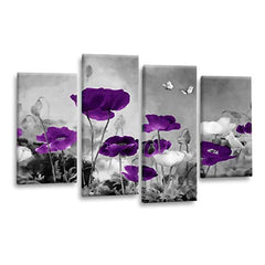 LR Floral Wall Art Picture – Purple & Grey Poppy Framed 4 Panel Split Canvas Print | Ready to Hang | Modern Wall Art for Living Room, Bedroom & Office