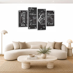 LR Family Love Quote Wall Art Picture – Grey & White Framed 4 Panel Split Canvas Print | Ready to Hang | Modern Wall Art for Living Room, Bedroom & Office