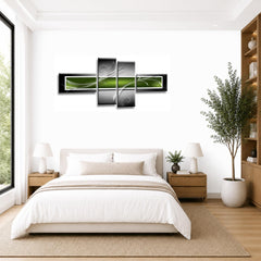 LR Abstract Wall Art Picture – Green, Black & White Modern Framed 4 Panel Split Canvas Print | Ready to Hang | Modern Wall Art for Living Room, Bedroom & Office