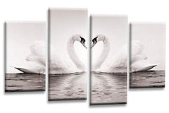 Love Heart Swans Wall Art Picture Grey White Cream Framed Kissing Canvas Split Panel Print