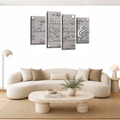 LR Family Love Quote Wall Art Picture – Grey, White & Powder Grey Framed 4 Panel Split Canvas Print | Ready to Hang | Modern Wall Art for Living Room, Bedroom & Office