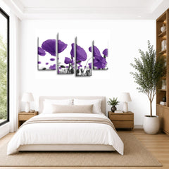LR Floral Rose Poppy Wall Art Picture – Purple & White Framed 4 Panel Split Canvas Print | Ready to Hang | Modern Wall Art for Living Room, Bedroom & Office