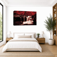 LR Waterfall Wall Art Picture – Grey, Red & White Forest Framed Canvas Print | Ready to Hang | Modern Wall Art for Living Room, Bedroom & Office