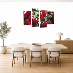 LR Red Floral Rose Wall Art Picture Framed 4 Panel Split Canvas Print | Ready to Hang | Modern Wall Art for Living Room, Bedroom & Office