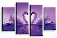 LR Purple Love Swans Wall Art Picture – White Heart Framed 4 Panel Split Canvas Print | Ready to Hang | Modern Wall Art for Living Room, Bedroom & Office