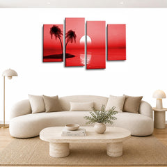 LR Sunset Beach Wall Art Picture – Red Seascape Framed 4 Panel Split Canvas Print | Ready to Hang | Modern Wall Art for Living Room, Bedroom & Office