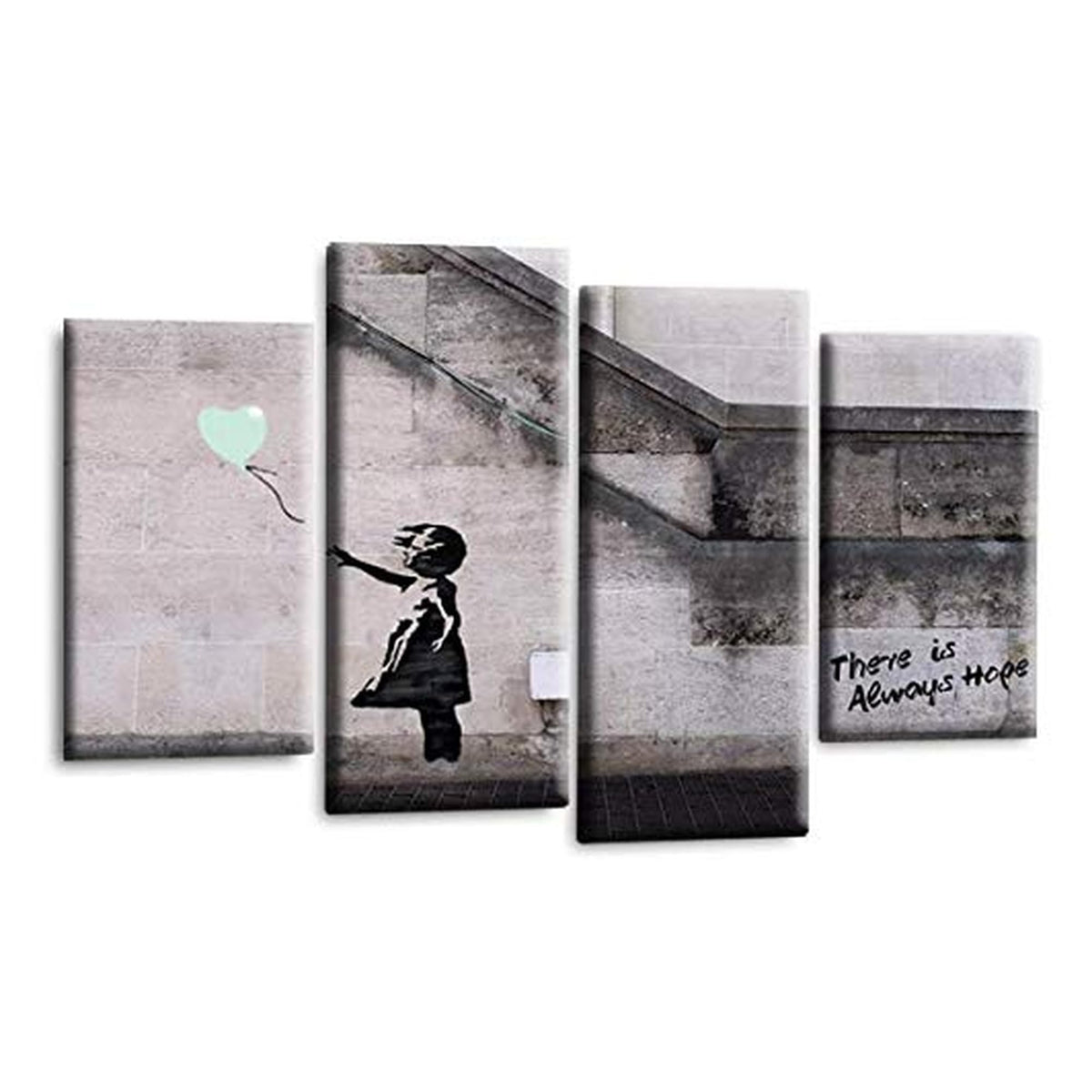 LR Banksy Heart Wall Art Picture – Grey & Duck Egg Graffiti Art Framed 4 Panel Split Canvas Print | Ready to Hang | Modern Wall Art for Living Room, Bedroom & Office