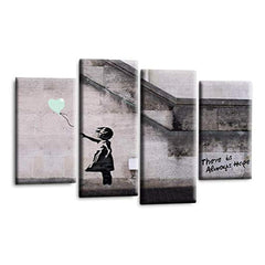 LR Banksy Heart Wall Art Picture – Grey & Duck Egg Graffiti Art Framed 4 Panel Split Canvas Print | Ready to Hang | Modern Wall Art for Living Room, Bedroom & Office