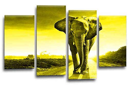 LR Elephant Sunset Wall Art Picture Yellow Grey Animal Africa Framed Split Canvas Print Ready to Hang