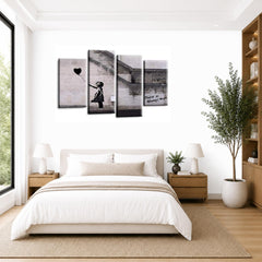 LR Banksy Heart Wall Art Picture – Grey & Black Graffiti Art Framed 4 Panel Split Canvas Print | Ready to Hang | Modern Wall Art for Living Room, Bedroom & Office