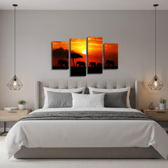 LR Elephant Sunset Wall Art Picture – Grey & Orange African Framed 4 Panel Split Canvas Print | Ready to Hang | Modern Wall Art for Living Room, Bedroom & Office