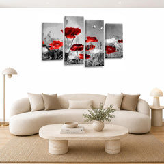 LR Floral Wall Art Picture – Grey & Red Poppy Framed 4 Panel Split Canvas Print | Ready to Hang | Modern Wall Art for Living Room, Bedroom & Office