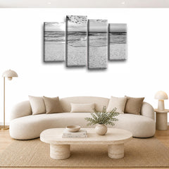 LR Sunset Beach Wall Art Picture – Grey & White Seascape Framed 4 Panel Split Canvas Print | Ready to Hang | Modern Wall Art for Living Room, Bedroom & Office